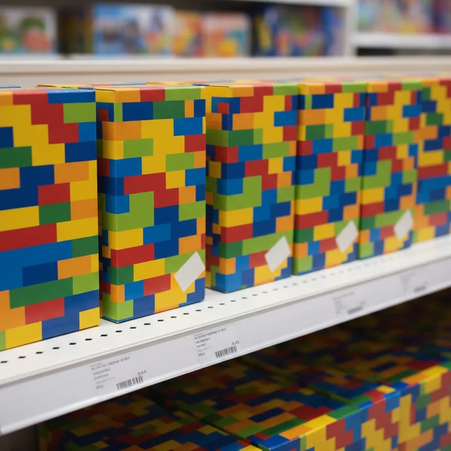 Colorful building-brick boxes on a shelf with price tags