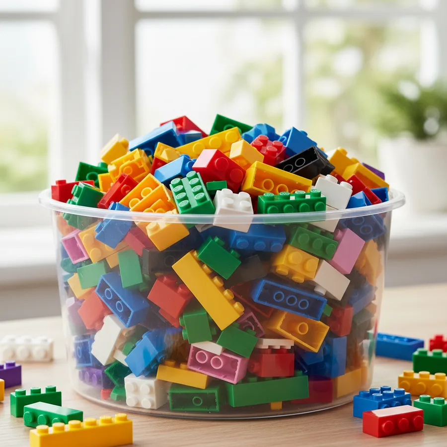 A large tub of assorted colorful building bricks — a bulk lot