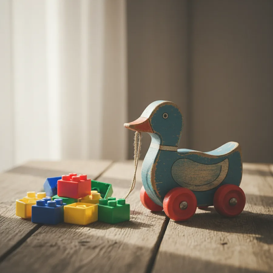 An old-fashioned wooden toy duck beside colorful plastic building bricks