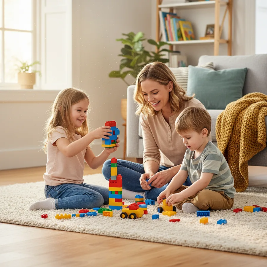 Two children and a parent building together with colorful bricks
