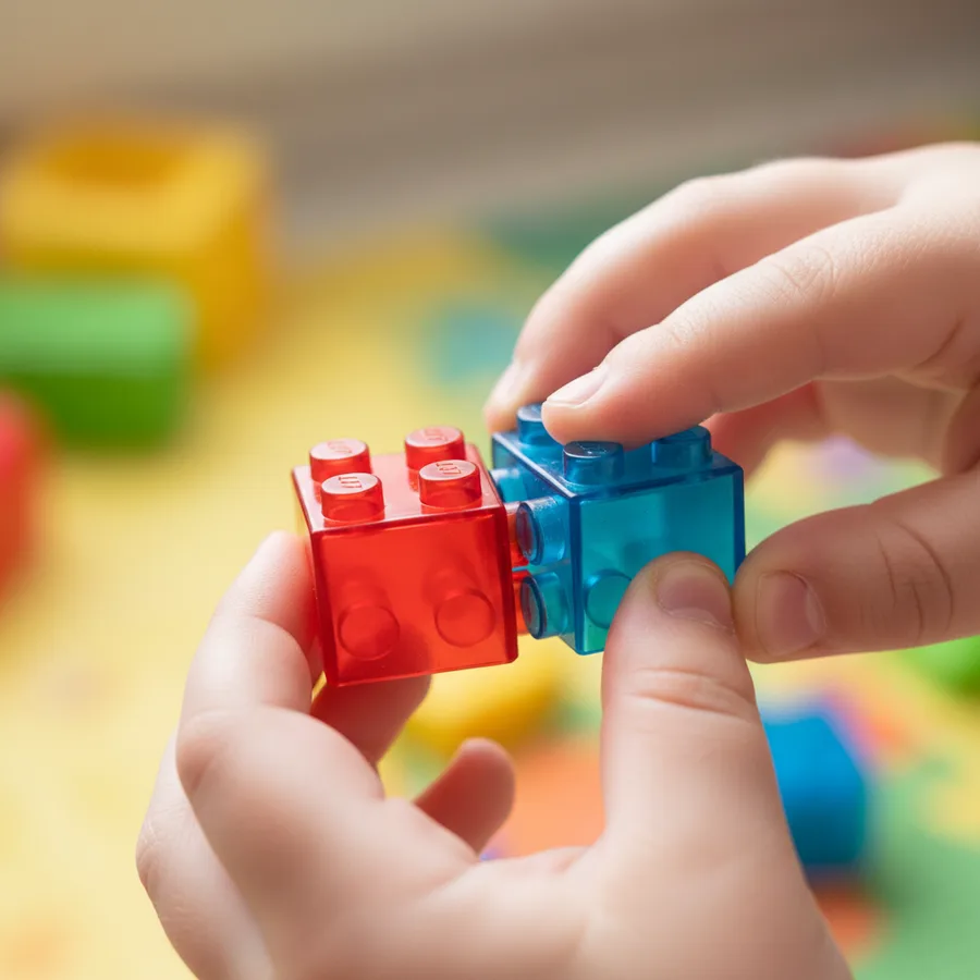 A child's hands pressing two colorful building bricks together