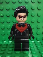 LEGO DC Nightwing Minifigure Black Suit Red Chest Emblem Spiky Black Hair