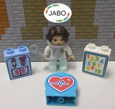(J 10) Lego Duplo figure female doctor with motif bricks