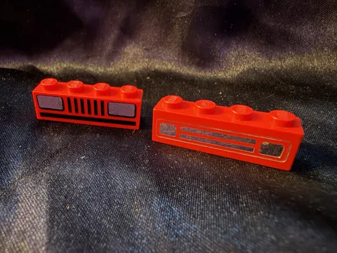 LEGO (2) Red Brick 1 x 4 w Grille Chrome Embossed Print Front Car 590