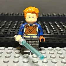 LEGO Minifigure Orange Hair Brown Torso Armor Outfit w/ Light Blue Lightsaber