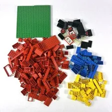 Lot of 200+ Assorted Lego Pieces Red, Yellow, Blue, Black w/ Green Plates
