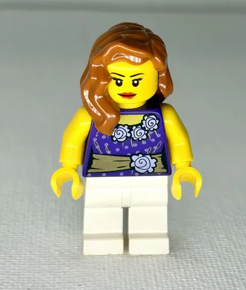 NEW Lego City FEMALE MINIFIG Girl w/Gold Purple Flower Torso Brown Hair