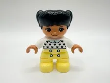 Lego Duplo Figure Girl, White Heart-Pattern Shirt, Light Yellow Pants