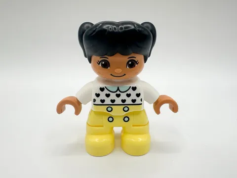 Lego Duplo Figure Girl, White Heart-Pattern Shirt, Light Yellow Pants