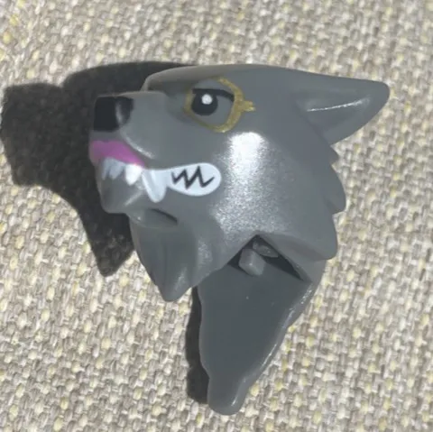 LEGO -Modified Wolf Head , White Fangs & Gold Glasses Frames - Dark Bluish Gray