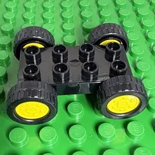 Lego Duplo Car Base 2X4 Fixed Axles Black Tires and yellow wheels