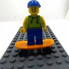LEGO Skater Minifigure Blue Cap with Orange Skateboard Plastic Figure