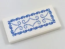 LEGO White Tile 2 x 4 with Ornate Rug with Blue Scrollwork Pattern (Sticker) - S