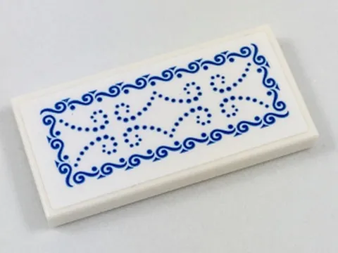 LEGO White Tile 2 x 4 with Ornate Rug with Blue Scrollwork Pattern (Sticker) - S