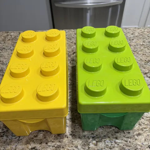 2  LEGO Storage Brick  8 Studs  Box Containers w/ Lids - Green & Yellow - Empty