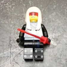 LEGO Minifigure w/ White Hood Hair, Red Mask Face, Red Sword & Silver Torso