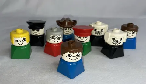 DUPLO People Vintage LOT of 9 Square Bottom Multicolor Cowboy Policeman Dog Girl