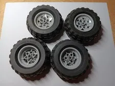LEGO 4 BLACK TIRES WHEELS 81.6X38R BALLOON LIGHT BLUISH GRAY RIMS 45982 / 56908