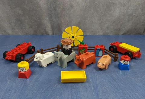 Vintage 1979 Lego Duplo Farm Animals People Figures Fence Vehicles Windmill Etc