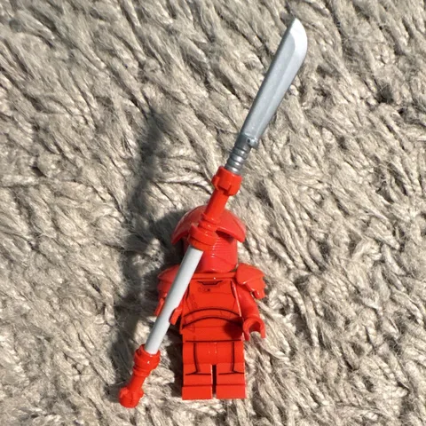 LEGO Red Armored Minifigure w/ Red Helmet & Gray/Red Staff Weapon Plastic