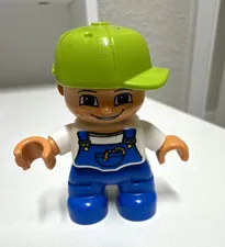 LEGO DUPLO Boy Minifigure 4555 Blue Overalls Green Cap Vintage 2002