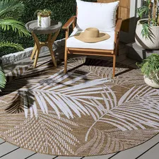 SAFAVIEH Washable Rug Outdoor Beach House Collection - 6'7" Round, Brown & Ivory
