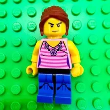 LEGO Female Minifigure Pink Striped Tank Top Floral Necklace Blue Pants