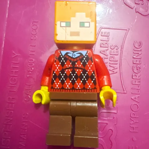 LEGO Minecraft Minifigure Red Argyle Sweater, Orange Hair Pixel Face Brown Legs