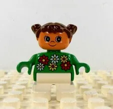 Lego Duplo Figure Kid Girl brown hair green/white flowers vintage