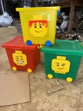3 LEGO Grn Red Yellow Plastic Storage Container Bin Box Bucket Wheels & Handles