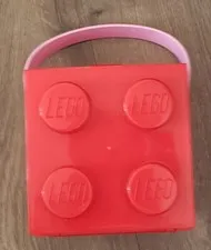 Jumbo Red LEGO BRICK Lunch Box / Storage Case, 6" square, Pink Handle