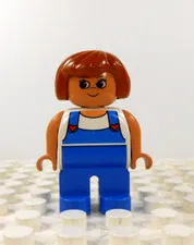 Lego Duplo Figure Woman auburn hair white shirt blue overalls w/ hearts vintage