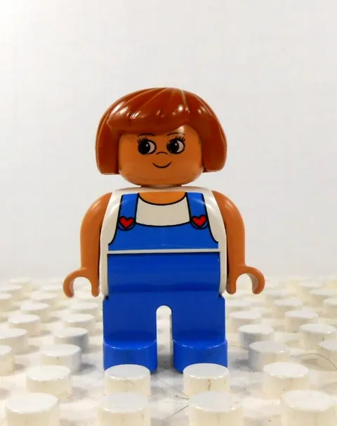 Lego Duplo Figure Woman auburn hair white shirt blue overalls w/ hearts vintage
