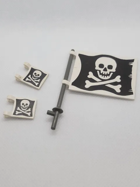 LEGO Pirates Printed Skull & Crossbones Flags Lot w/ Pole 3 Pieces Black/White