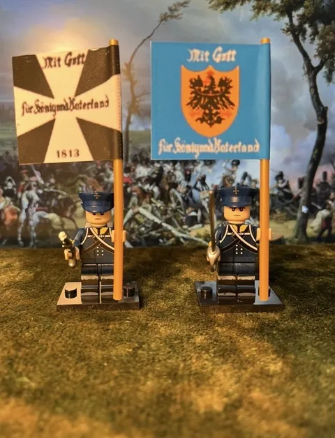 2x Minis Prussian Silesian Napoleonic Landwehr Infantry +2 Flags LEGO Flagpoles