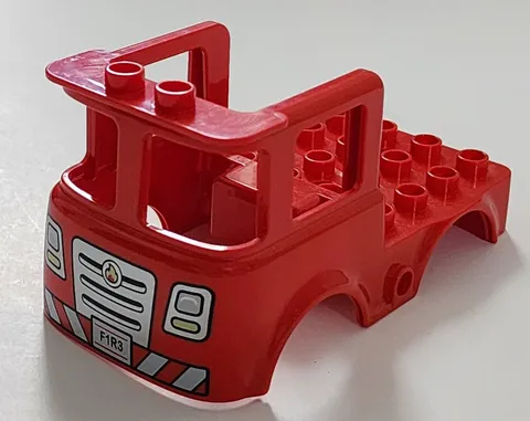LEGO Red Duplo Cabin Truck 4 x 8 x 3 1/2 Silver Grille Fire Badge 'F1R3' Pattern