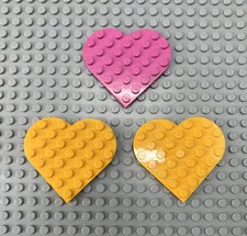 Lego Lot of 3 6x6 Round Plate Heart Shaped (46342) - 2 Yellow and 1 Pink