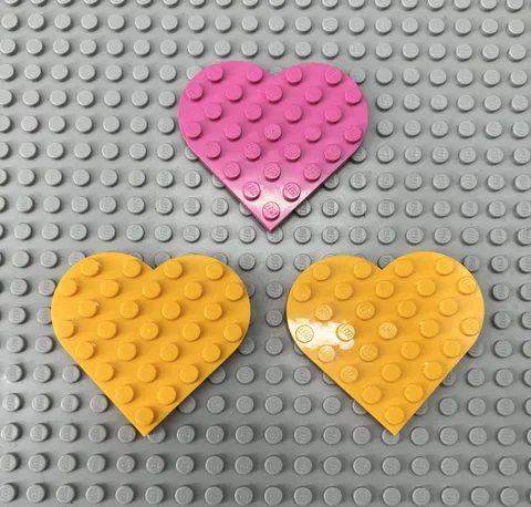 Lego Lot of 3 6x6 Round Plate Heart Shaped (46342) - 2 Yellow and 1 Pink