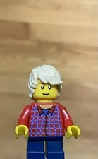 LEGO City Town Boy Child Minifig, Blond Hair, Plaid Shirt, Dark Blue Short Legs
