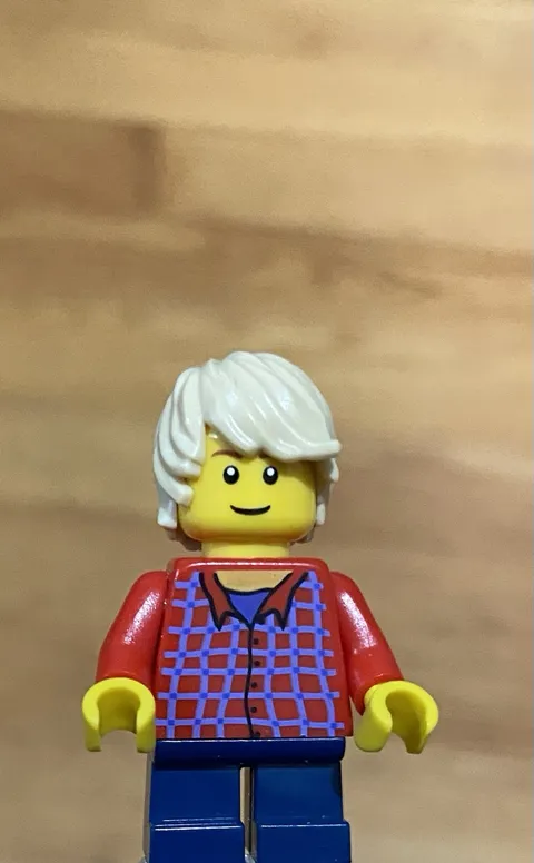 LEGO City Town Boy Child Minifig, Blond Hair, Plaid Shirt, Dark Blue Short Legs