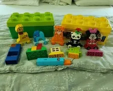 2 Lego 8 Stud Storage Containers w/ Lego train set, Minnie Mouse & misc Legos
