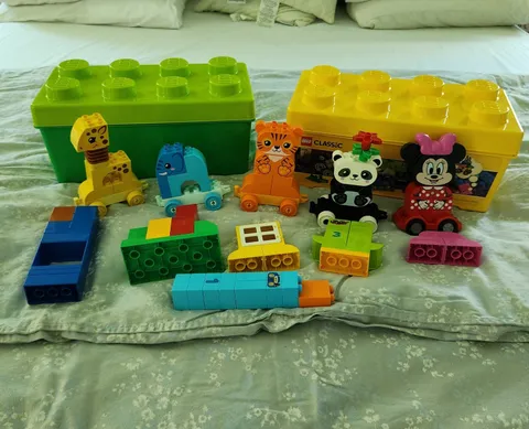 2 Lego 8 Stud Storage Containers w/ Lego train set, Minnie Mouse & misc Legos