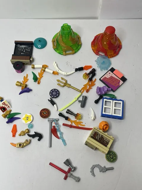 LEGO Ninjago & Weapon Accessories Lot - Spinjitzu Cones, Printed Tiles & Tools