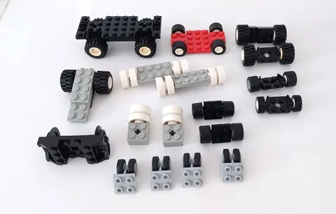 Lego Vehicle Base, Pull Back Motor, Train Wheel, Tires + Rim + Axle Assorted Lot