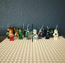 LEGO Minifigures Lot of 8 Assorted Figures w/ Blue Sword Weapons