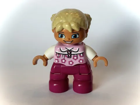 Lego Duplo Figure Girl, Pink Floral Shirt, Magenta Pants, Blonde Braided Hair