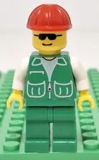 Lego Minifigure Green Vest Large Pocket Black Sunglasses Construction Hat