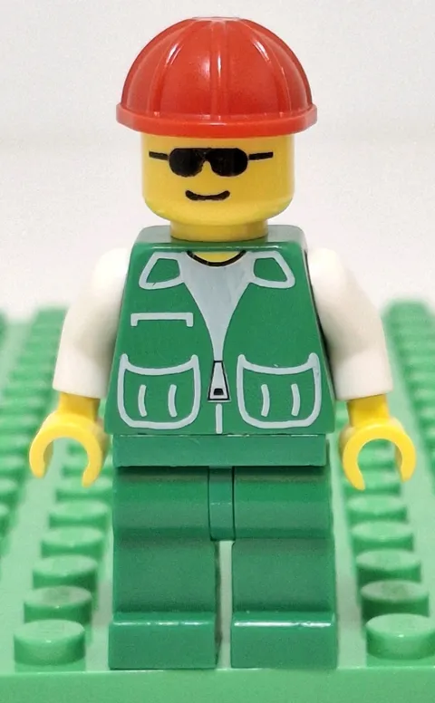 Lego Minifigure Green Vest Large Pocket Black Sunglasses Construction Hat