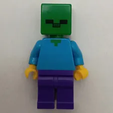 LEGO Minecraft Zombie Minifigure w/ Green Square Head, Blue Torso & Purple Legs