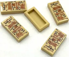 Lego 5 New Tan Tiles 1 x 2 with Dark Red Printed Text and Black Margin Parts
